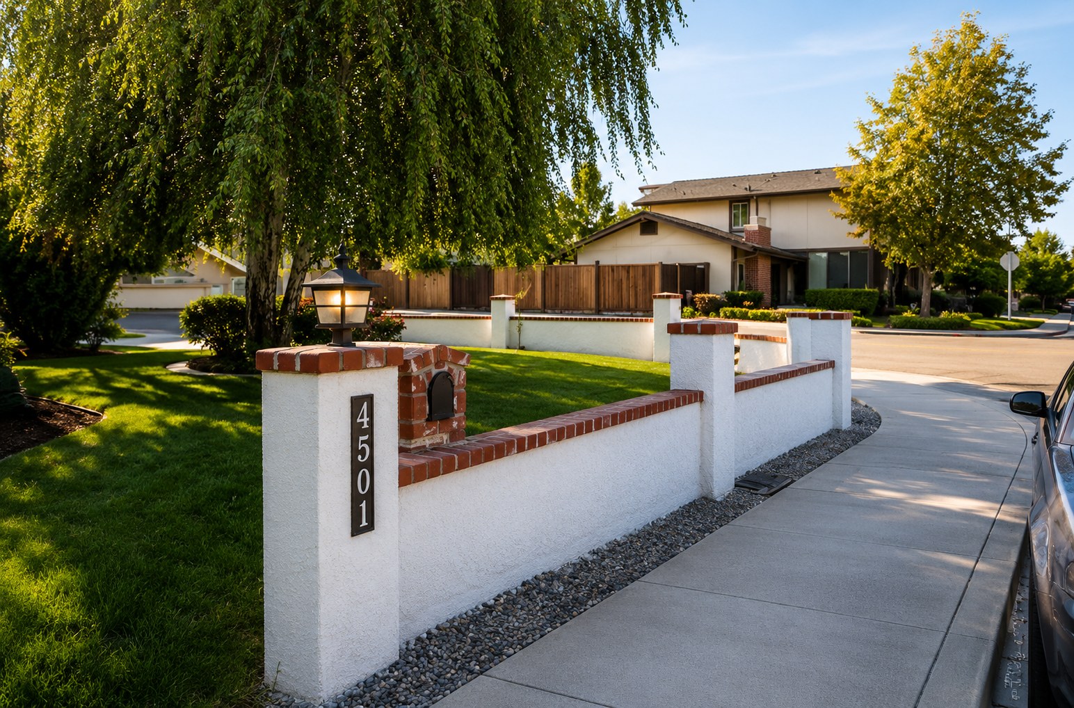 Smooth stucco retaining wall with brick cap Portland OR