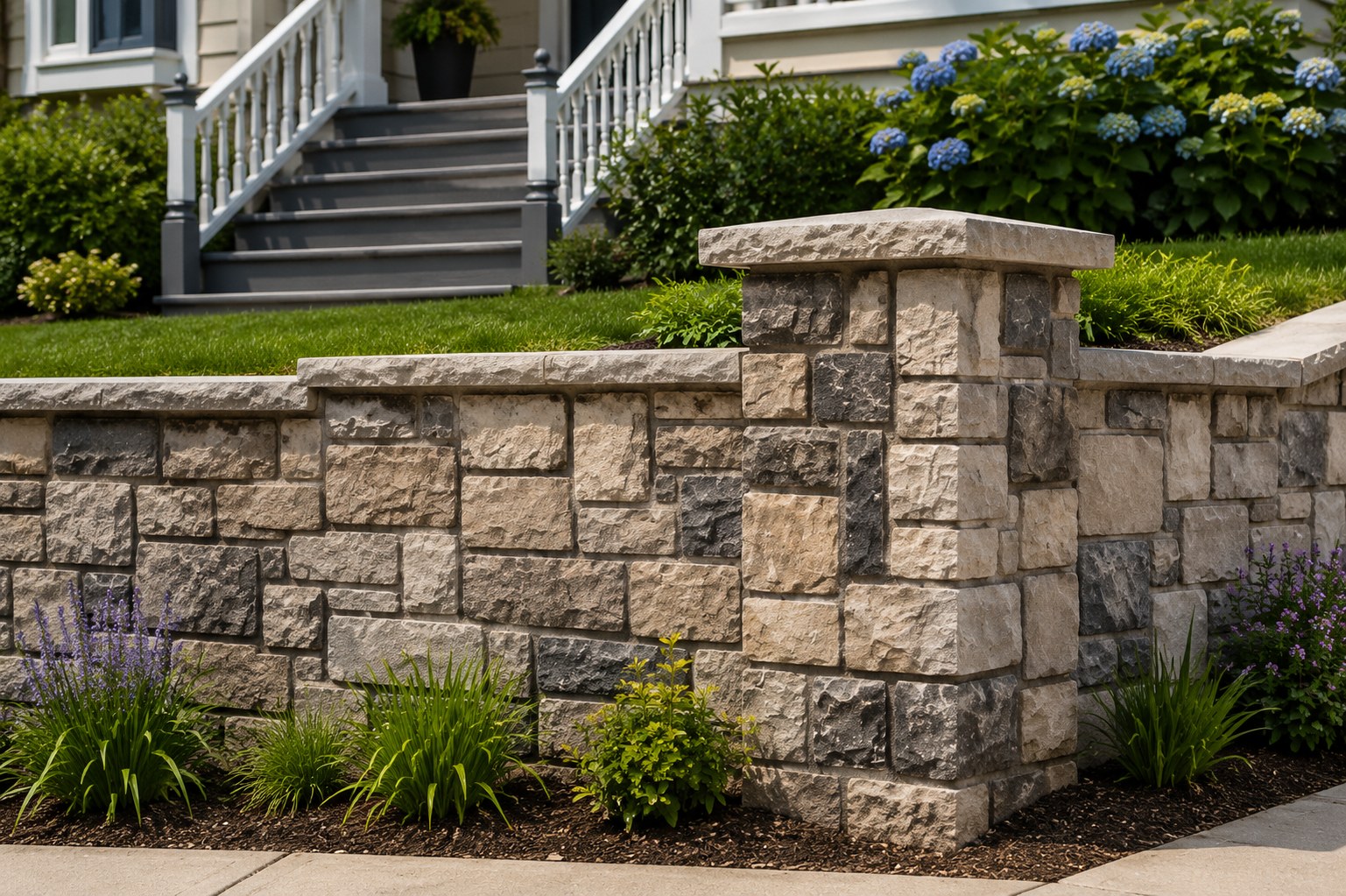 Cultured stone retaining wall with brick cap and lavender plantings Portland OR