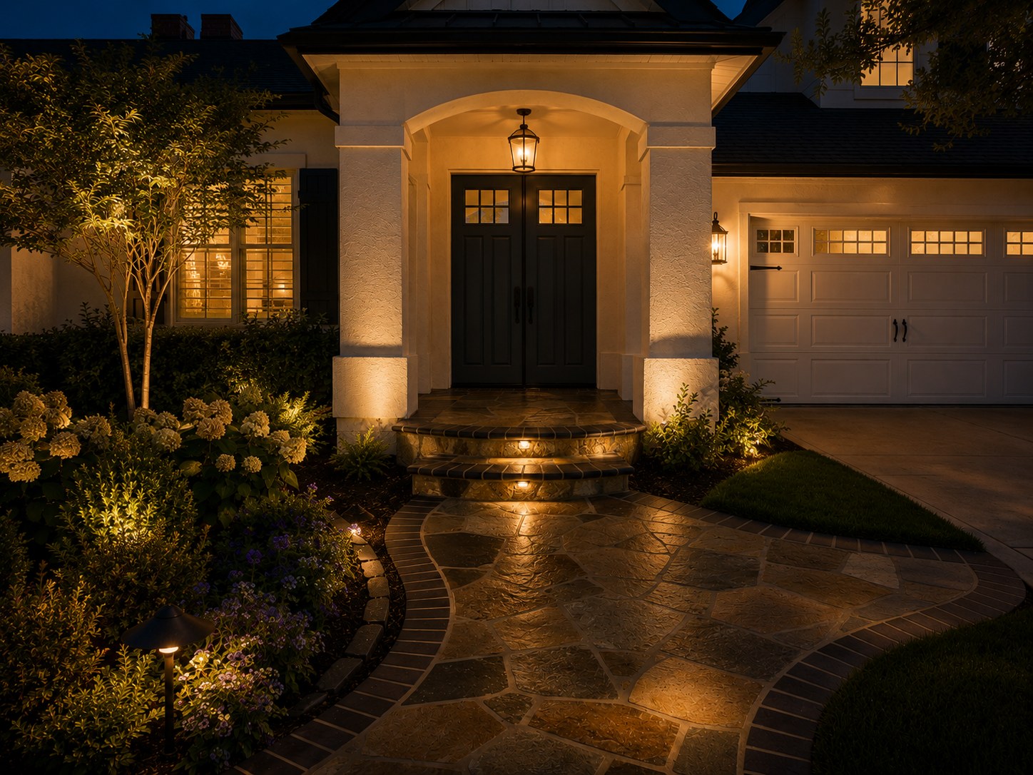 Natural flagstone walkway with landscape lighting at evening Portland OR