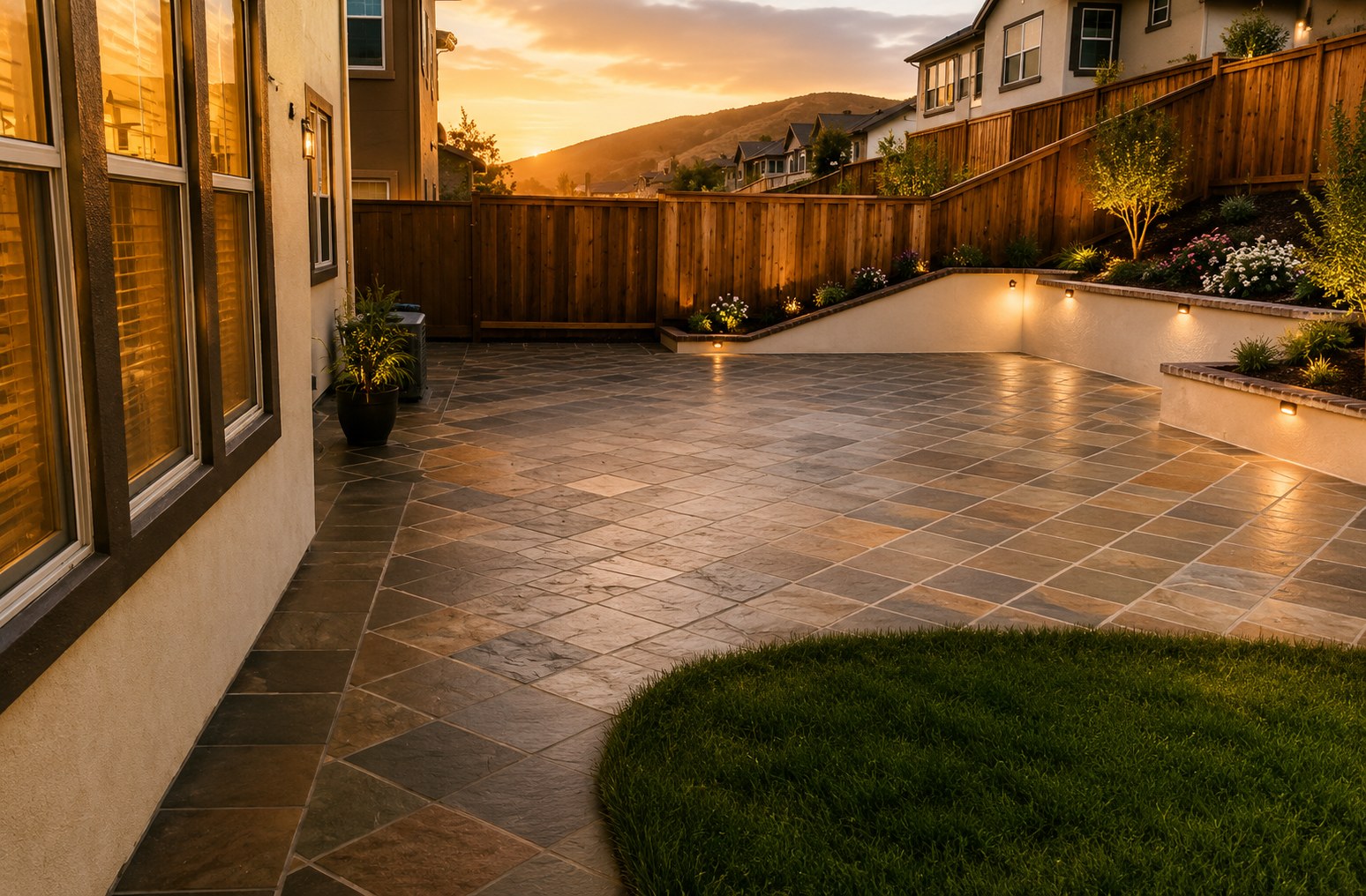 Slate stone patio with smooth plastered retaining wall Portland OR backyard