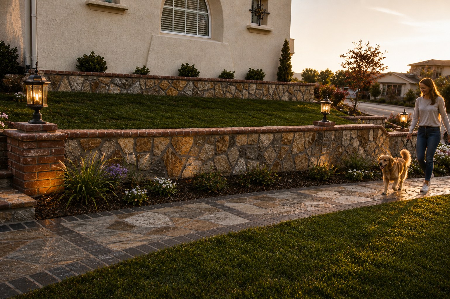 Stacked stone retaining wall with integrated steps and lantern posts Portland OR