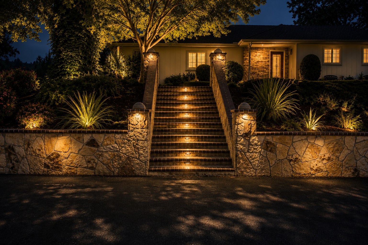 Stone steps and retaining wall at night with landscape lighting Portland OR